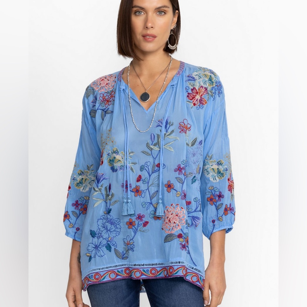 Johnny Was Zadonia Blouse Blue Embroidered Boho Tunic S